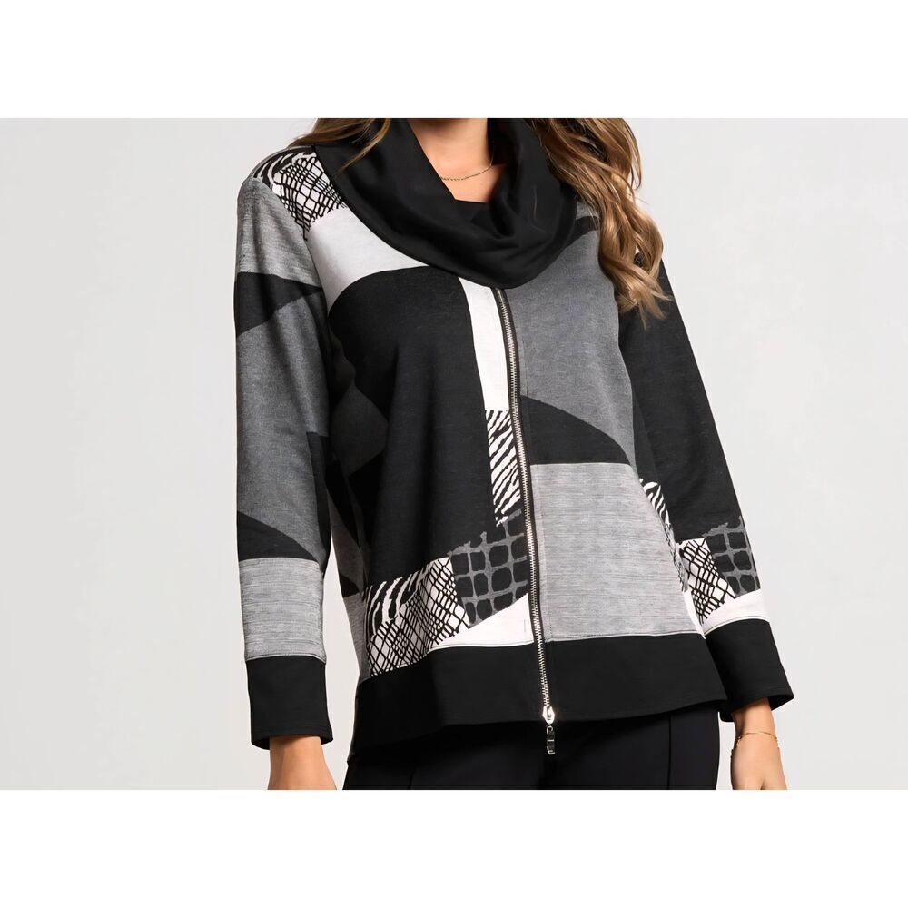 By JJ Womens Abstract Cowl Neck Zip Front Tunic Sweater Black White Medium